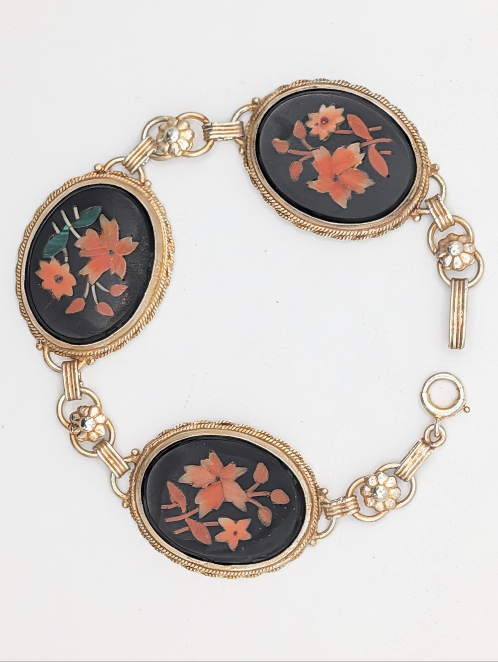 Antique Victorian Pietra Dura Mosaic Flowers Floral Inlay 7" Bracelet